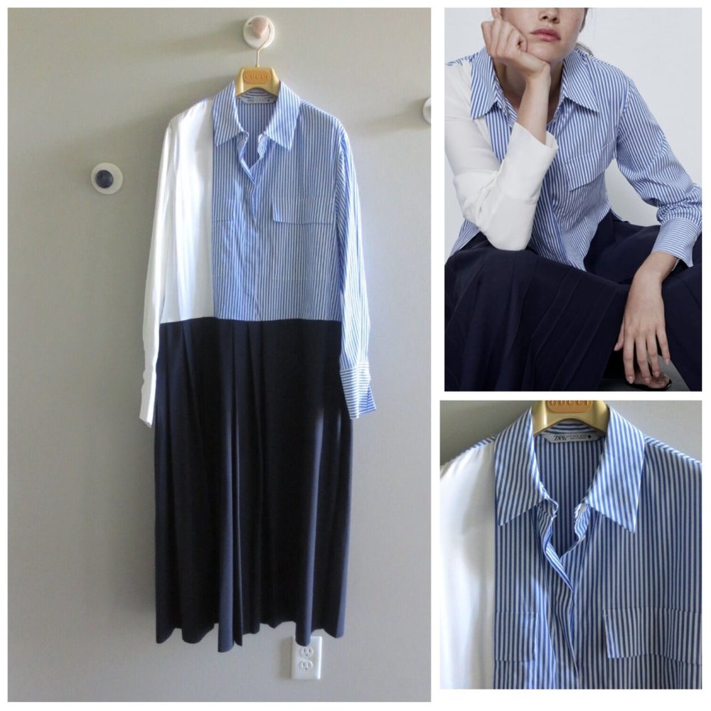 ZARA NAVY BLUE PLEATED PATCHWORK DRESS Sz-M $89.9